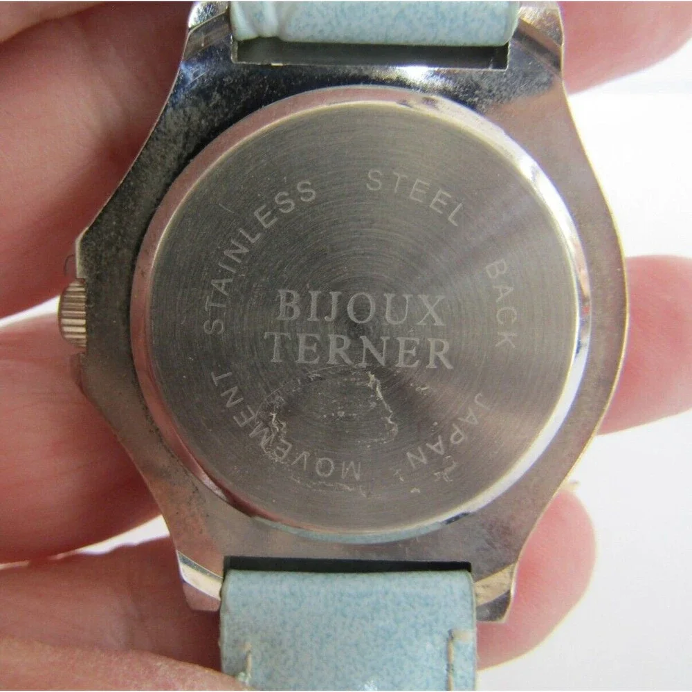 Bijoux Terner Watch Vintage Blue Leather Band Quartz Japan Movement Stainless